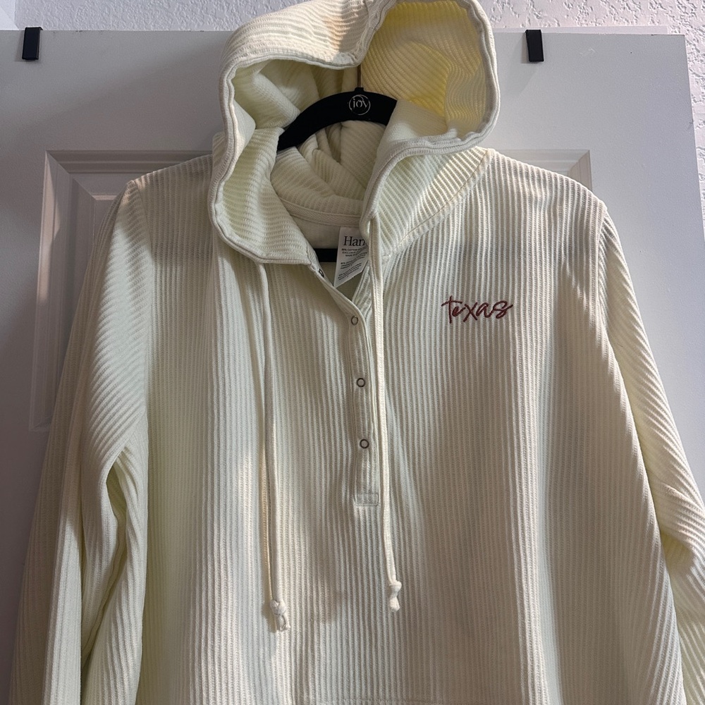 Texas Embroidered Cream Hooded Henley Sweatshirt